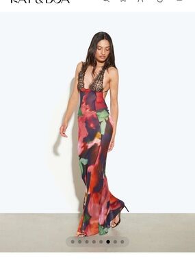 Rat & Boa Multicolor Floral-Print Satin Maxi Dress with Black Lace Trim
